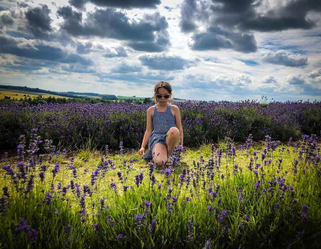 girl in sunglass kneeling down in a lavender field