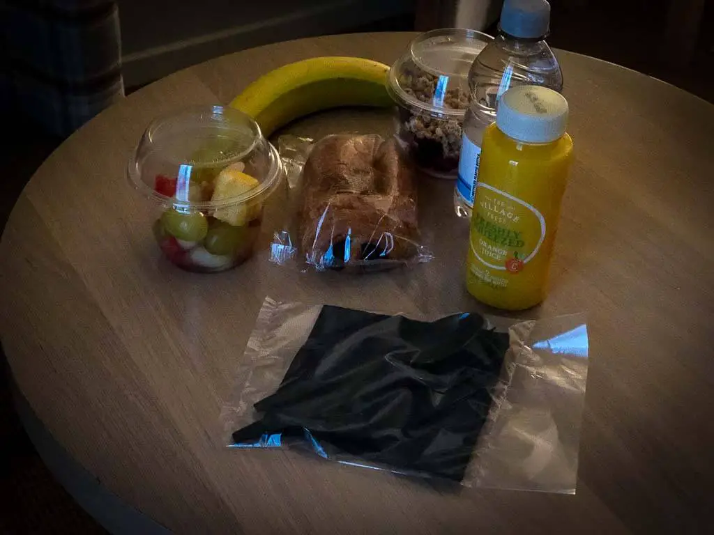 banana, juice, pastry and yoghurt pot