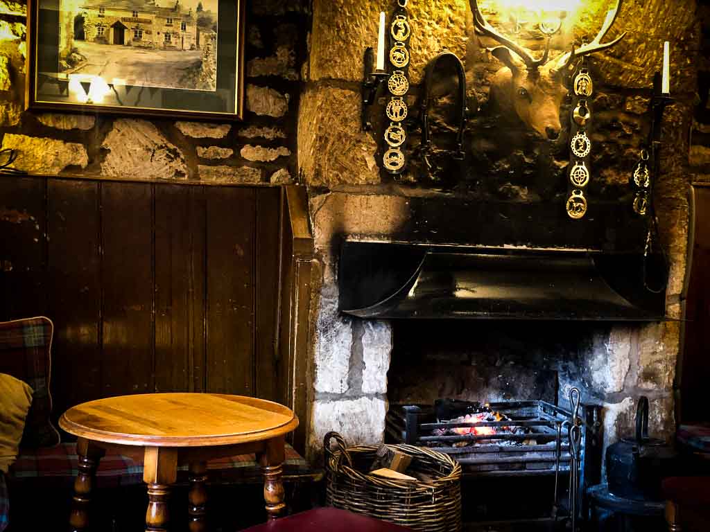 country pub with roaring fire