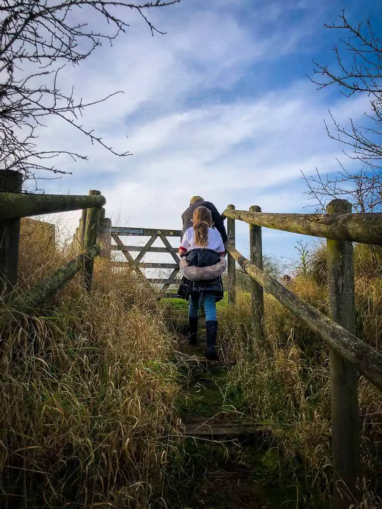 girl staking steps up to gate in sunshine