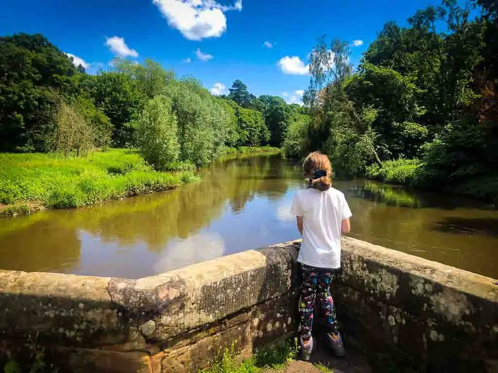 girl standing on a packhorse bridge looking out across the river