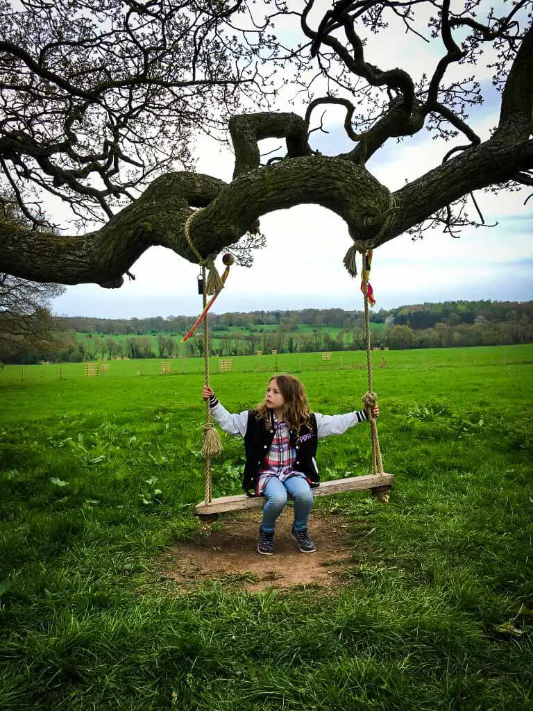 girl in jeans and bomber jacket sat on a wood and rope swing at yoxall bluebell lodge