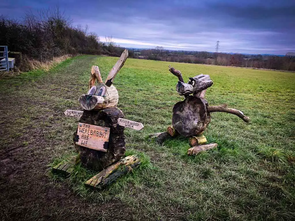 wooden sculpture of rabbit and for in a field