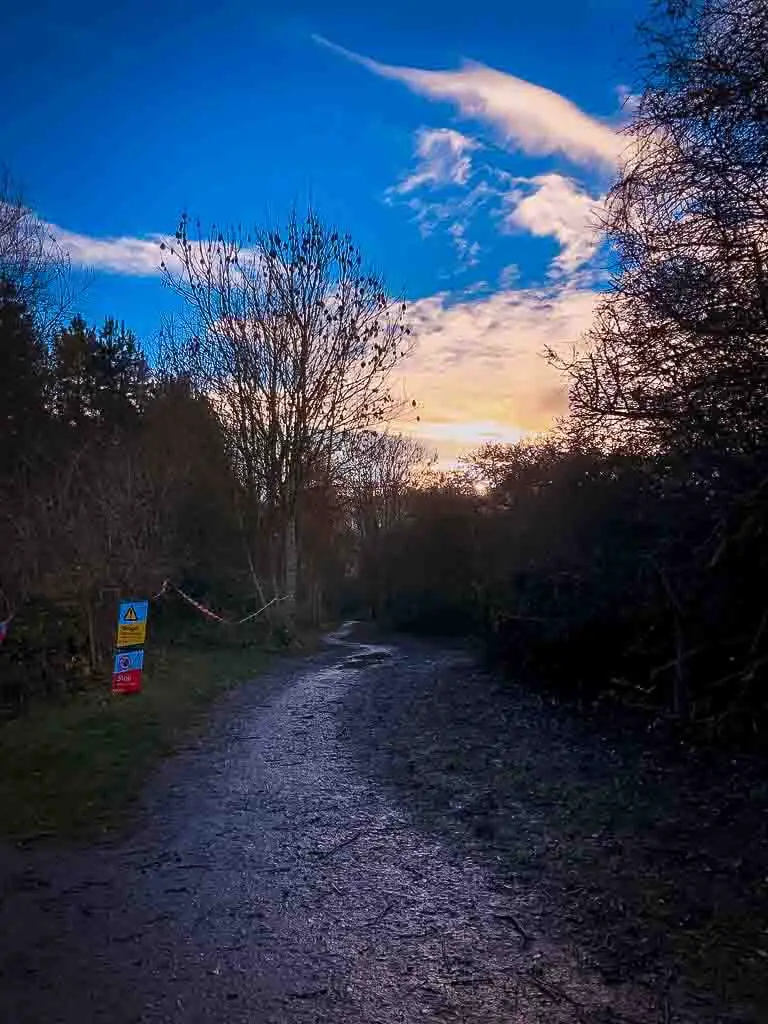 blue skies with white clouds above a path at rosliston forestry centre