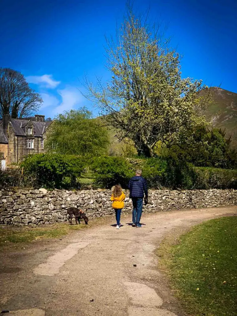 girl, dad and dog walking along a stone wall