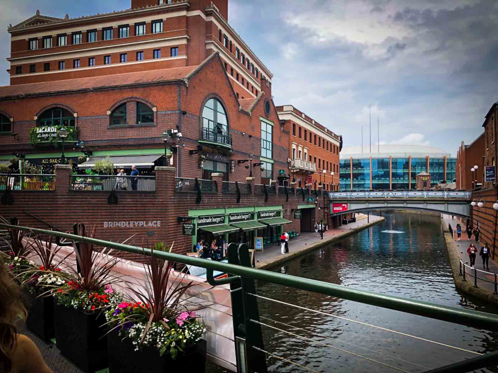 brindley place in Birmingham seen from a canal bridge