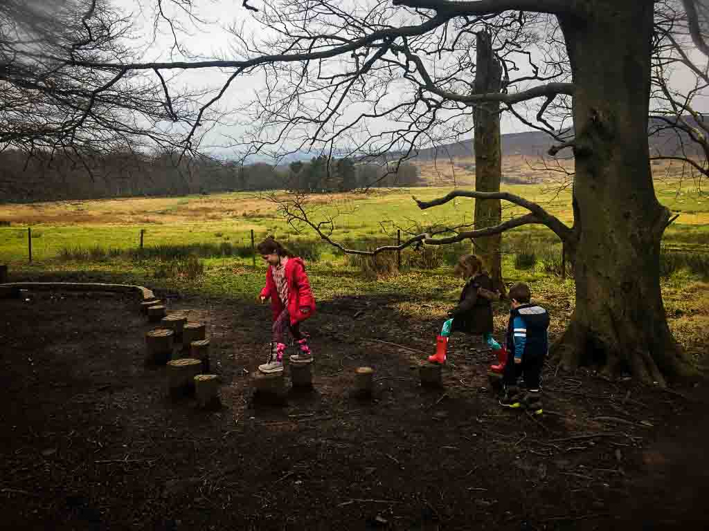 kids walking across spaced out tree stumps