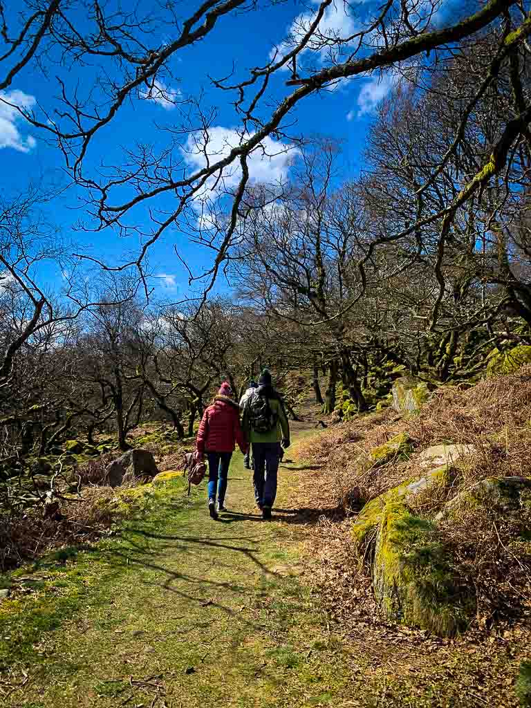 a couple dressed for cold weather on a hike in the peak district