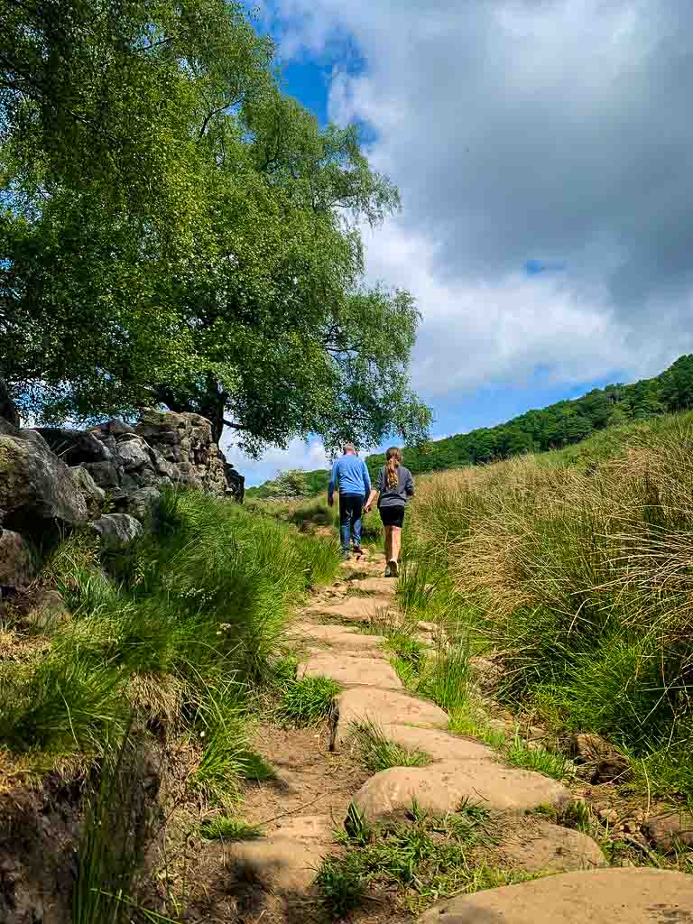 couple walking along a fairly steep pathing the peak district