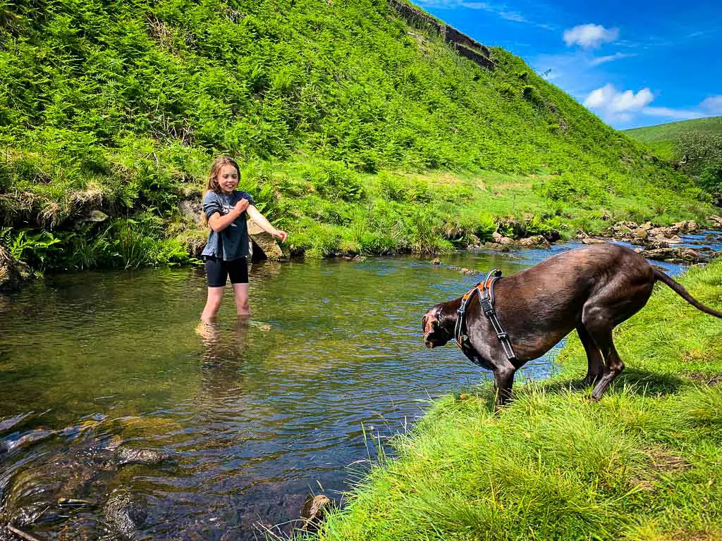 girl and dog in the river at three shires head