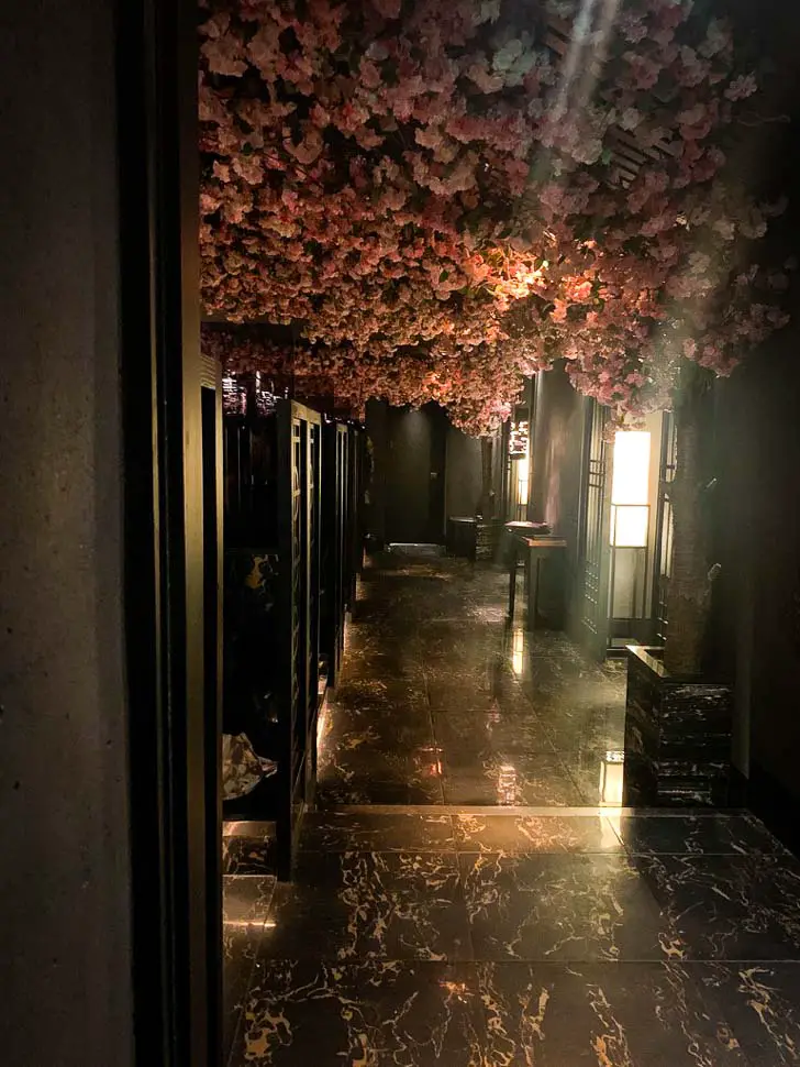 walkway at tattu in Birmingham with cherry blossom lining the ceiling