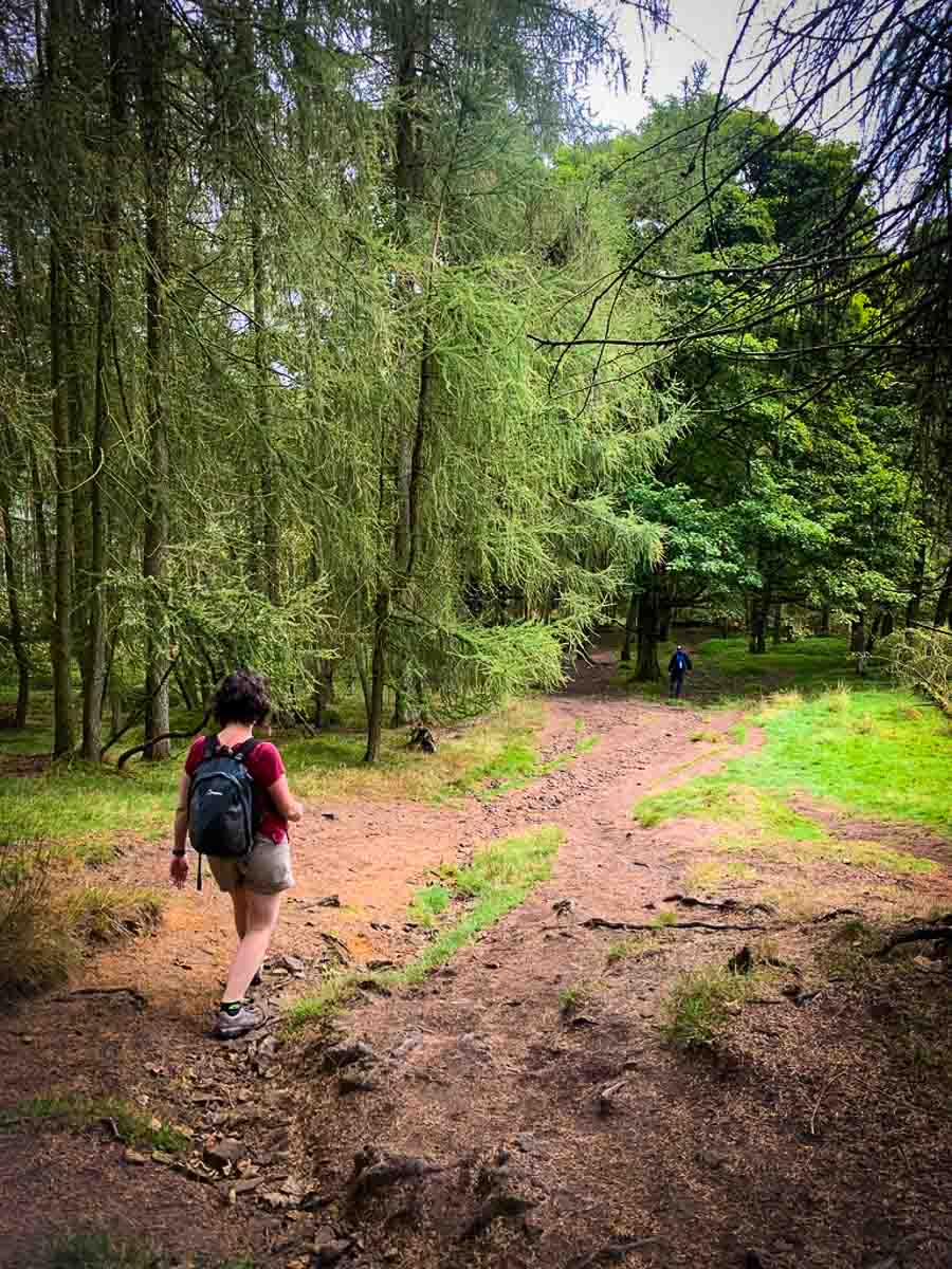 woman in red top and backpack walking along a muddy path into some woods