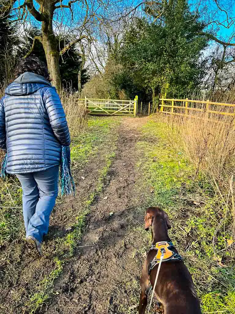 woman in wooly hat and puffy coat walking dog along a muddy path